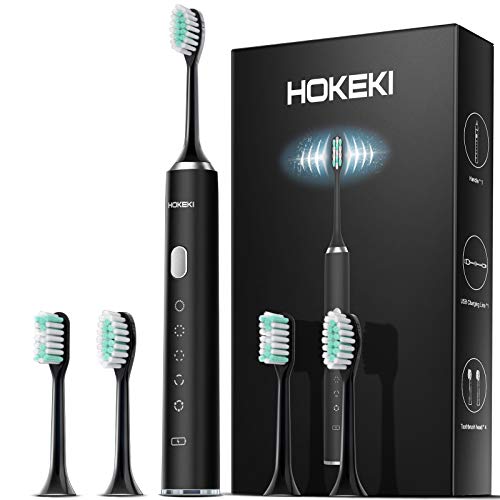 Sonic Electric Toothbrush Whitening Toothbrush Rechargeable with 4 Dupont Brush Heads, Adult Waterproof Ultrasonic Toothbrush with 5 Modes & Smart Timer by HOKEKI (Black)