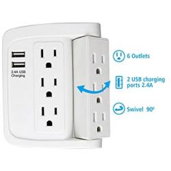 ECOPlugs 6 Outlet Swivel Wall Adapter, Swivel Outlet with USB Ports, Swivel Wall Tap Adapter White