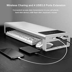 Aluminum Monitor Stand with Wireless Charing Pad and 4 USB 3.0 Ports,Support Transfer Data and Charging,Keyboard and Mouse Storage Desk Organizer up to 27inch for Computer MacBook PC (Silver)