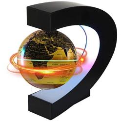 Magnetic Levitating Globe with LED Light, 3 C Shape Base Floating Globes, Rotating World Map, Cool Tech Gift for Men Father Boys, Birthday Gifts for Kids, Desk Gadget Decor in Office Home (Gold 2)