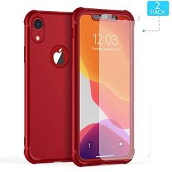 ORETECH Designed for iPhone XR Case, with[2 x Tempered Glass Screen Protector] 360 Full Body Shockproof Anti Scratch Protection Cover Hard PC Soft Rubber Silicone Case for iPhone XR 6.1 2018 Red