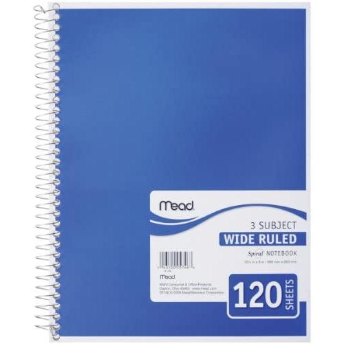 Mead Spiral Notebook, 3 Subject, Wide Ruled Paper, 120 Sheets, 10-1/2 x 7-1/2 inches, Color Selected For You (05746)