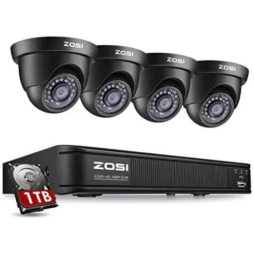 ZOSI H.265+ Home Security Camera System,5MP Lite 8 Channel Surveillance DVR with Hard Drive 1TB and 4 x 1920TVL(2MP) Weatherproof CCTV Dome Camera Outdoor Indoor with 80ft Night Vision, Motion Alerts