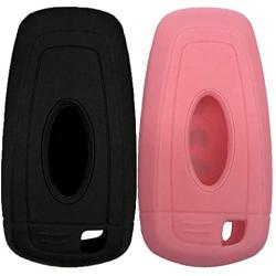 Key Fob SiliconeCover Glossy Protective Case Fits for Ford F150 Edge Mustang Fusion Ecosport Explorer Expedition 3/4/5 Button Smart Key case cover(Black+Pink)