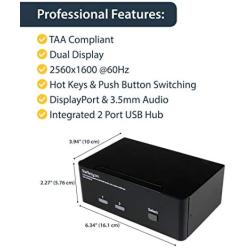StarTech.com Dual Monitor DisplayPort KVM Switch - 2 Port - USB 2.0 Hub - Audio and Microphone - DP KVM Switch (SV231DPDDUA) Black