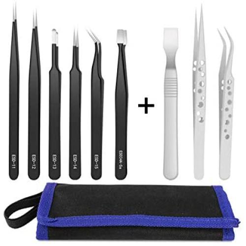 Precision Tweezers, 9 PCS ESD Tweezer Set, Anti-Static Stainless Steel Tweezers Kit Perfect for Craft, Jewelry, Soldering, Laboratory Work, Electronics, Detailed Work