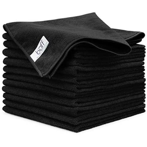 Buff Microfiber Cleaning Cloth | Black (12 Pack) | Size 16'' x 16'' | All Purpose Microfiber Towels - Clean, Dust, Polish, Scrub, Absorbent 