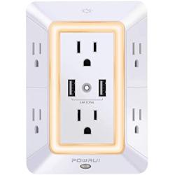 USB Wall Charger, Surge Protector, POWRUI 6-Outlet Extender with 2 USB Charging Ports (2.4A Total) and Night Light, 3-Sided Power Strip with Adapter Spaced Outlets - White，ETL Listed