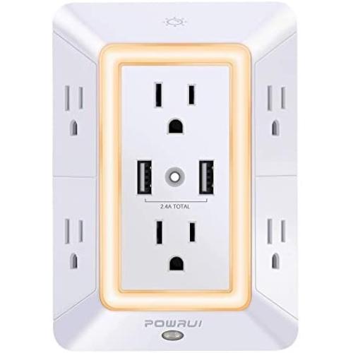 USB Wall Charger, Surge Protector, POWRUI 6-Outlet Extender with 2 USB Charging Ports (2.4A Total) and Night Light, 3-Sided Power Strip with Adapter Spaced Outlets - White，ETL Listed