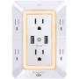 USB Wall Charger, Surge Protector, POWRUI 6-Outlet Extender with 2 USB Charging Ports (2.4A Total) and Night Light, 3-Sided Power Strip with Adapter Spaced Outlets - White，ETL Listed