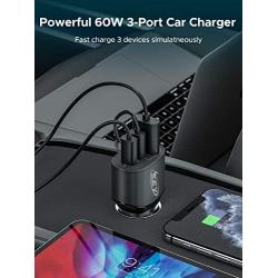 USB C Car Charger 60W Key Power Fast Car Charge Type C Car Charger Adapter - Dual USB-C and USB-A Ports with 30W & 22.5W Compatible with iPhone 12/11/11 Pro Max/XS/XR/SE, iPad Pro, Galaxy, Pixel