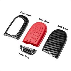 TANGSEN Smart Key Fob Case for DODGE RAM JEEP CHEROKEE 3 4 5 Button Keyless Entry Remote Personalized Protective Cover Plastic Carbon Fiber Pattern Red Silicone