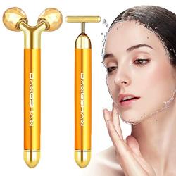 2-IN-1 Face Massager Roller Golden 3D Roller Electric Sonic Energy Face Roller and T Shape Face Massager Kit for Face Lift Beauty Bar Skin Care Tools Gift Set for Women