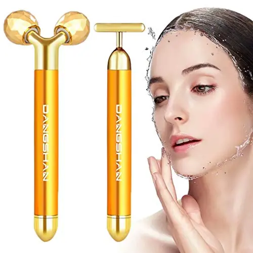 2-IN-1 Face Massager Roller Golden 3D Roller Electric Sonic Energy Face Roller and T Shape Face Massager Kit for Face Lift Beauty Bar Skin Care Tools Gift Set for Women