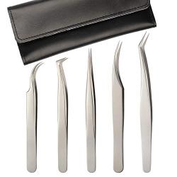 Lash Eyelash Extension Tweezers Set,Cuckoo 5 Pcs Straight and Curved Volume Lash Tweezers For Eyelash Extensions-Professional Stainless Steel Precision Tweezers Set,Lash Extension Supplies