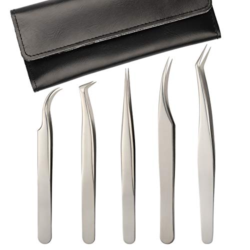 Lash Eyelash Extension Tweezers Set,Cuckoo 5 Pcs Straight and Curved Volume Lash Tweezers For Eyelash Extensions-Professional Stainless Steel Precision Tweezers Set,Lash Extension Supplies