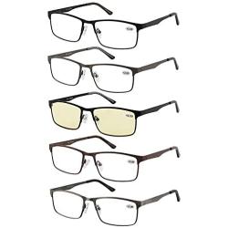 Eyecedar 5-Pack Reading Glasses Men Metal Frame Rectangle Style Stainless Steel Material Spring Hinges Includes Computer Readers +1.50