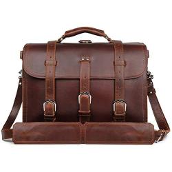 Polare Mens Full Grain Leather 16 Briefcase Shoulder Messenger Bag Fit 15.6 Laptop