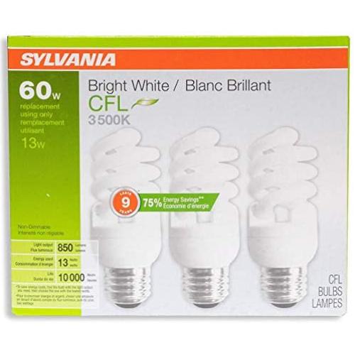Sylvania 13W CFL T2 Spiral Light Bulb, 60W Equivalent, 850 Lumens, 3500K Bright White, Non-Dimmable (9-Pack) (Bright White)
