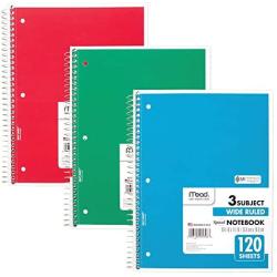 Mead Spiral Notebooks, 3 Subject, Wide Ruled Paper, 120 Sheets, 10-1/2'' x 7-1/2'', Red, Green, Blue, 3 Pack (73179)