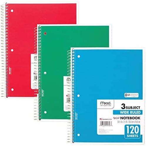 Mead Spiral Notebooks, 3 Subject, Wide Ruled Paper, 120 Sheets, 10-1/2'' x 7-1/2'', Red, Green, Blue, 3 Pack (73179)