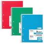 Mead Spiral Notebooks, 3 Subject, Wide Ruled Paper, 120 Sheets, 10-1/2'' x 7-1/2'', Red, Green, Blue, 3 Pack (73179)