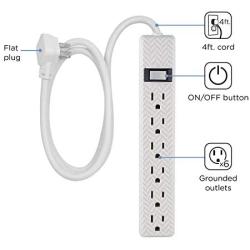 6 Outlet Power Strip, 4 ft Power Cord, Flat Plug, Wall Mount, For Bedroom, Dorm, or Home Décor, Power Switch, Integrated Circuit Breaker, UL Listed, Gray & White Chevron, 26601