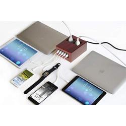 Power Hub 5 USB + 2 AC Charging Station | Built in Surge Protection | Attractive Dependable Table Side Charging Hub | Walnut | Set of 4 Short Cords (Lightning)