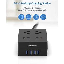 USB Power Strip Surge Protector - SUPERDANNY Mountable Charging Station with 4 Widely Spaced AC Outlets & 4 Smart USB Ports, 5ft Desktop Extension Cord for Home, Office, Hotel, Dorm Room, RV, Black