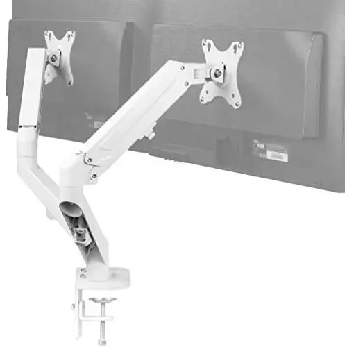 VIVO Articulating Dual 17 to 27 inch Pneumatic Spring Arm Clamp-on Desk Mount Stand, Fits 2 Monitor Screens with Max VESA 100x100, White, STAND-V102OW VIVO Articulating Dual 17 to 27 inch Pneumatic Spring Arm Clamp-on Desk Mount Stand, Fits 2 Monitor Screens with Max VESA 100x100, White, STAND-V102OW