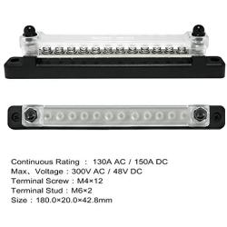 2 Studs 12 Terminal Grounding Bus Bar - 150A DC BusBar Block with PC Cover, M4 Screws, Ground Distribution, Power Distribution Terminal Block for Car Boat Marine