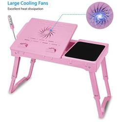 TeqHome Laptop Desk for Bed, Adjustable Laptop Bed Table with Fan, Portable Lap Desk with Foldable Legs, Laptop Stand for Couch Sofa Bed Tray with LED Light, 4 USB Ports, Storage, Mouse Pad (Pink)