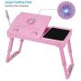 TeqHome Laptop Desk for Bed, Adjustable Laptop Bed Table with Fan, Portable Lap Desk with Foldable Legs, Laptop Stand for Couch Sofa Bed Tray with LED Light, 4 USB Ports, Storage, Mouse Pad (Pink)