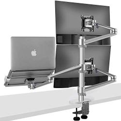 viozon Monitor and Laptop Mount, 3-in-1 Adjustable Triple Monitor Arm Desk Mounts, Dual Desk Arm Stand/Holder for 17 to 27 Inch LCD Computer Screens, Extra Tray Fits 12 to 17 Inch Laptops (OL-10T-S)