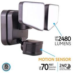 Enbrighten 2-in-1 LED Outdoor Flood Security Light, Motion Sensor, 2480 Lumens, 2 Adjustable, Selectable Color 2200K-5000K, Driveway, Patio, Front Yard, Garage, 40768, Bronze 2 Head