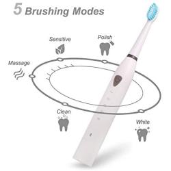 Rechargeable Electric Sonic Toothbrush for Adults with 5 Modes 2 Mins Timer and 4 Toothheads (White)