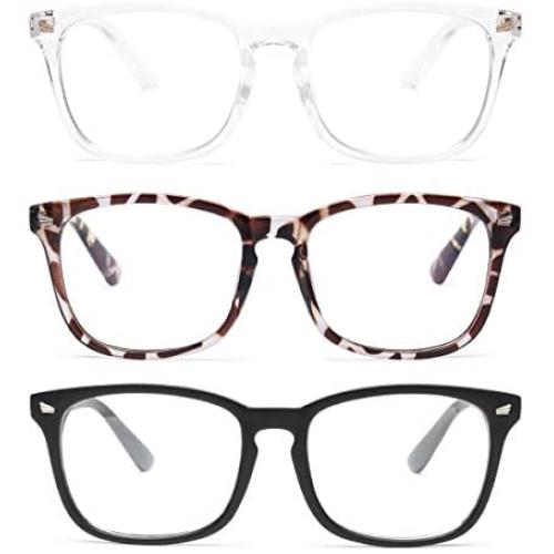 Gaoye 3-Pack Blue Light Blocking Glasses, Fashion Square Fake Nerd Eyewear Anti UV Ray Computer Gaming Eyeglasses Women/Men