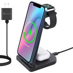 3 in 1 Wireless Charging Station, Phone Wireless Charger Stand Watch Charger Stand Compatible with iPhone 12 11 Pro Pro Max X XR XS 8 Samsung Galaxy S20+ S10 S9 iWatch 6/5/4/3/2 Airpods 2/Pro (Black)