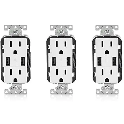 Leviton T5632-3BW 15-Amp USB Charger/Tamper Resistant Duplex Receptacle Pack of 3, White
