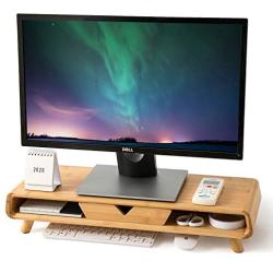 Homerays Bamboo Monitor Stand, No Assembly Required Exquisite Monitor Stand with Drawer, Ergonomic Height Bamboo Wood Monitor Stand, for Computer Monitor Riser