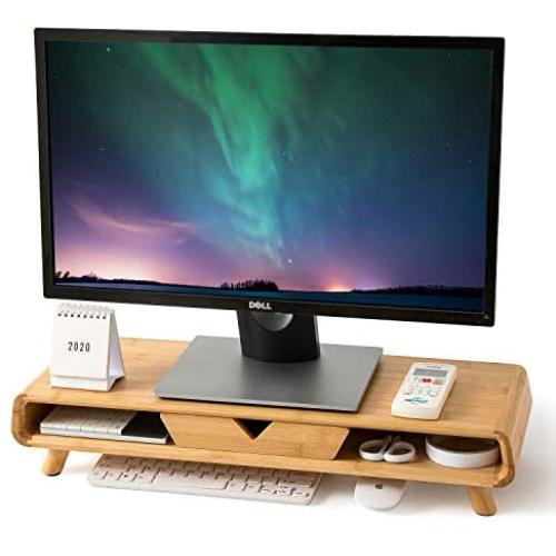 Homerays Bamboo Monitor Stand, No Assembly Required Exquisite Monitor Stand with Drawer, Ergonomic Height Bamboo Wood Monitor Stand, for Computer Monitor Riser