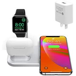 BNCHI 3 in1Metal Wireless Charging Station Dock,Charging Stand for Airpods and iWatch6/5/4/3/2/iPhone 12/12 Mini/12 Pro Max/11/11 pro/X/XS/XR/Xs Max/8/8 Plus（Include QC3.0 Adapter）(Matte Silver)