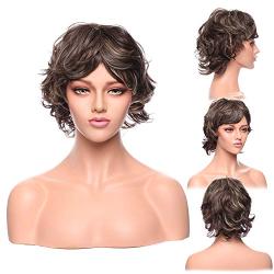 Short Fluffy Wig Dark Brown mixed Blonde Two Tones Pixie Cut Synthetic Heat Resistance Wigs for Women 12inch Long in Good Volume