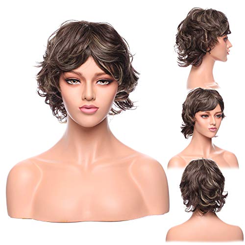 Short Fluffy Wig Dark Brown mixed Blonde Two Tones Pixie Cut Synthetic Heat Resistance Wigs for Women 12inch Long in Good Volume