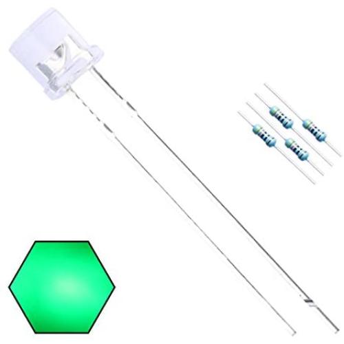 EDGELEC 100pcs 5mm Green LED Lights Emitting Diodes Flat Lens 29mm Lead Frame (DC 3V) +100pcs Resistors for DC 6-12V Included, Bright Bulb Lamps LED Diode