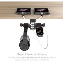 Headphone Stand with USB Charger COZOO Under Desk Headset Holder Mount with 3 Port USB Charging Station and iWatch Stand Smart Watch Charging Dock Dual Earphone Hanger Hook,UL Tested