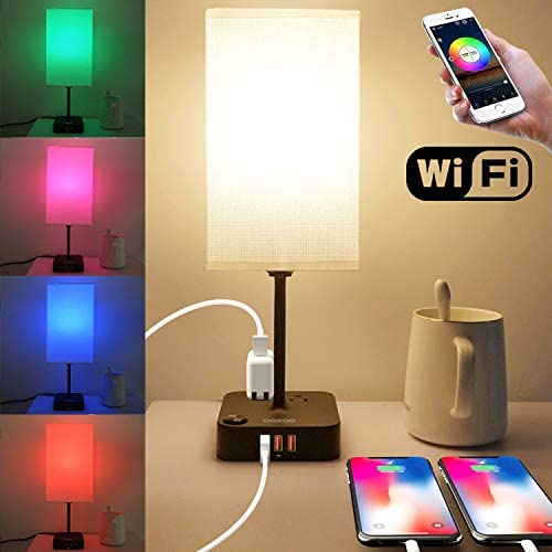 COZOO Wi-Fi Smart RGB & USB Bedside Table Lamp with 3 USB Charging Ports and 2 Outlets Power Strip,Wi-Fi LED Light Bulb Dimmable, Compatible with Alexa and Google Home