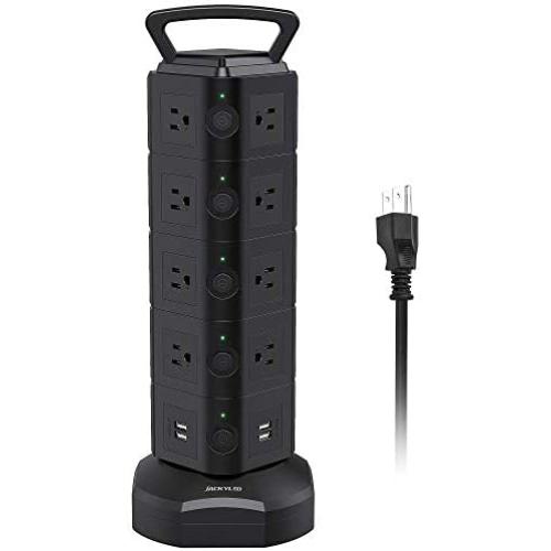 JACKYLED Power Strip Tower Surge Protector 18 AC Outlets and 4 USB Ports Electric Charging Station with 6.5ft Heavy Duty Extension Cord for Home Office Dorm Computer Black