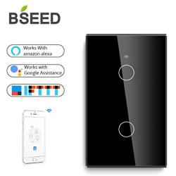 BSEED WiFi Touch Smart Wall Light Switch Tempered Glass Panel Work with Alexa/Google 118×71mm 2 Gang 1 Way Black