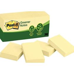 Post-it Notes, Original Pad, 1-3/8 inches x 1-7/8 inches, Recycled, Canary Yellow, 12 Pads per Pack. - New